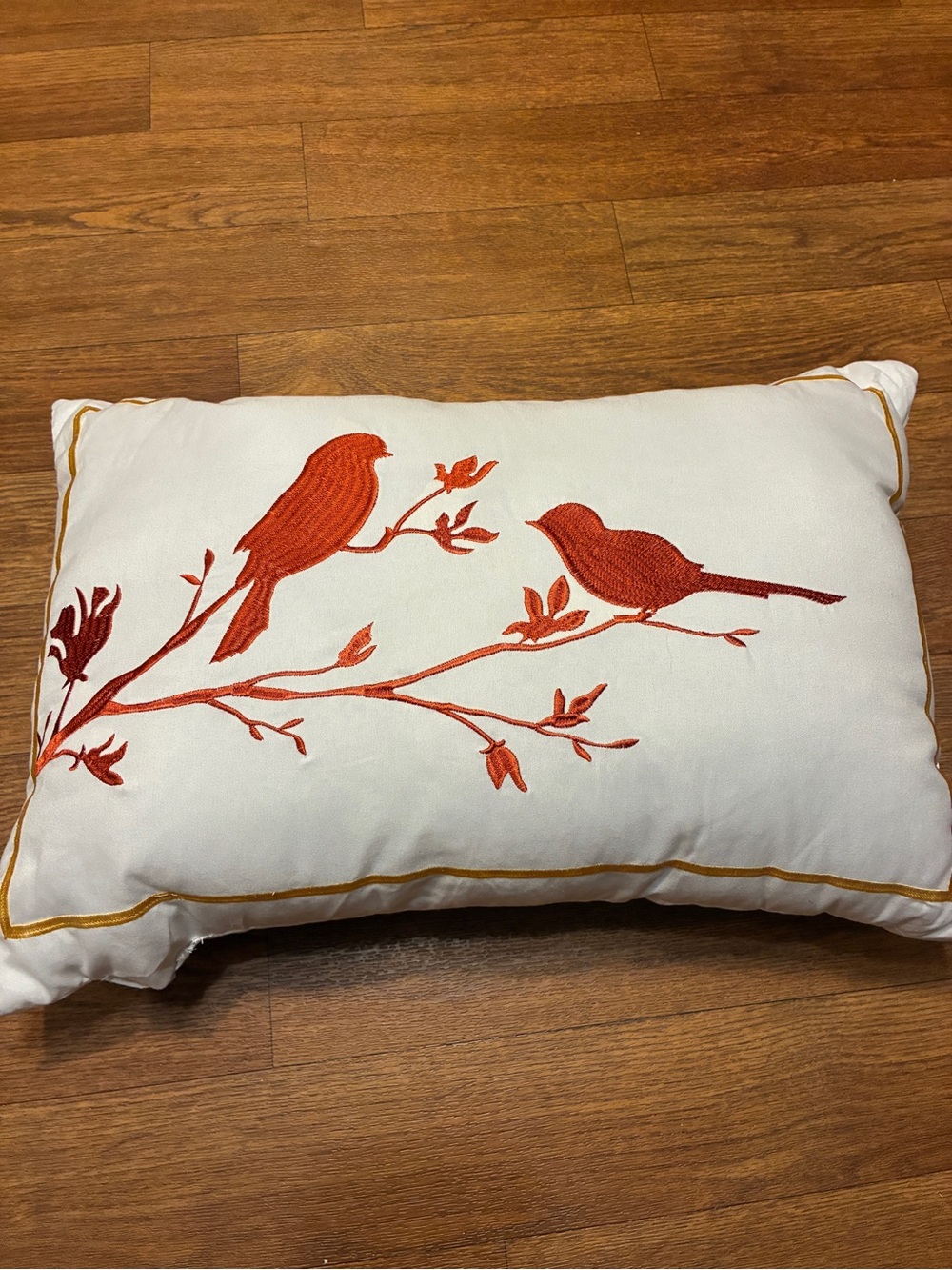 Embroidered Bird Accent Pillow in White & Red/Orange